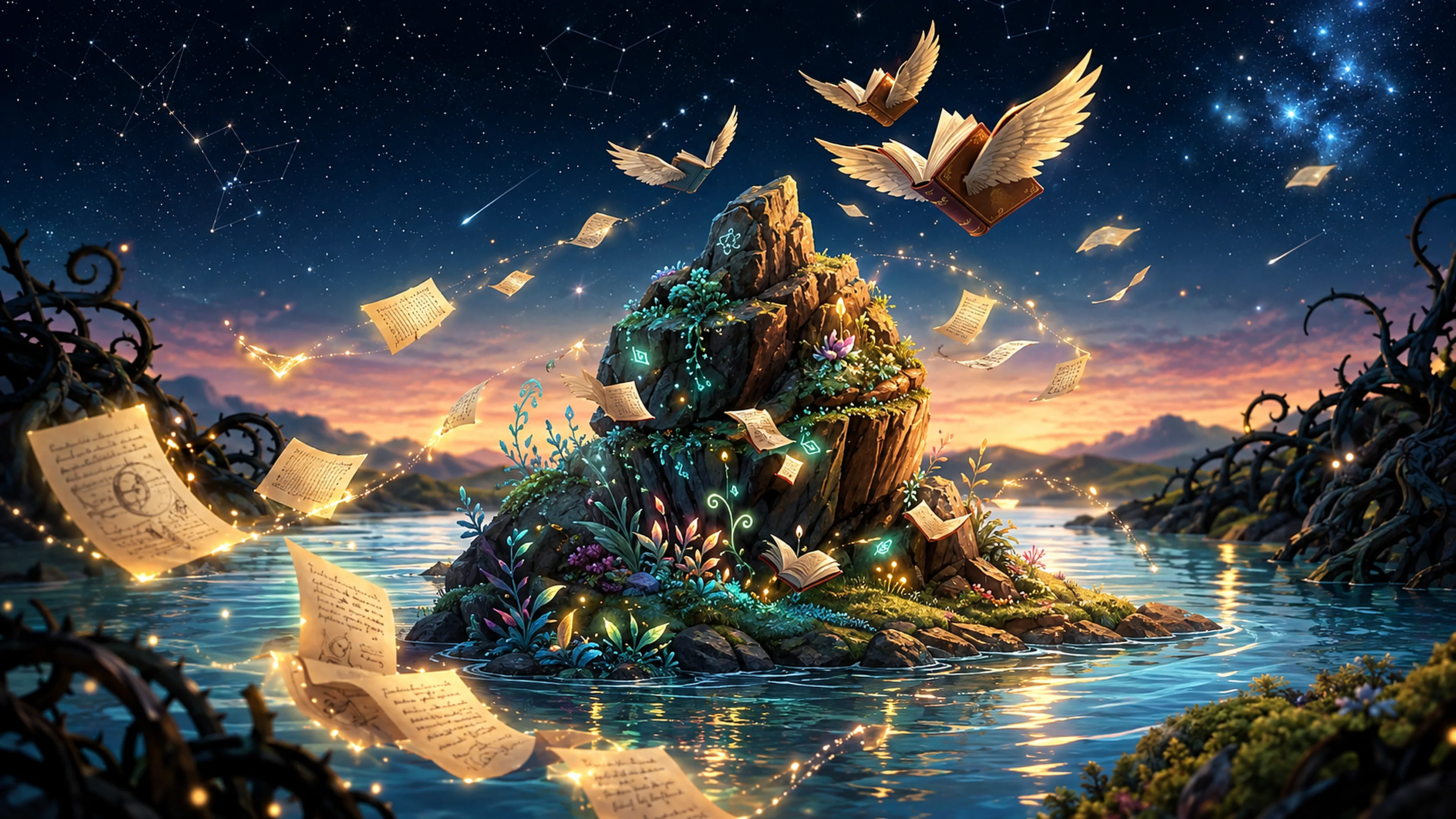 An island of books afloat on a starlit river — the worlds of Baranka Books.
